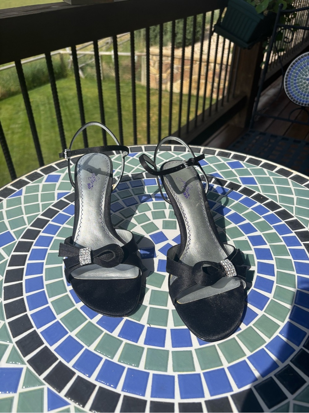 Platinum BP Black Satin Evening Sandals with Jeweled Accent